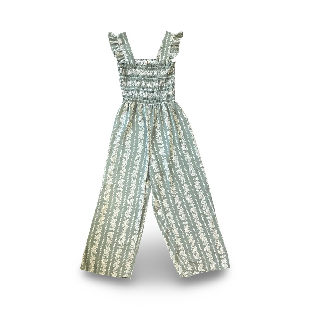 Inspired Hearts Green Floral Smocked Wide Leg Romper Jumpsuit Pants Small